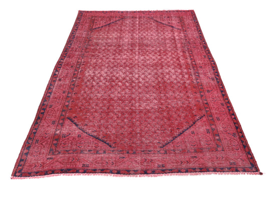 4x7 Handmade Turkish Vintage Tribal Rug | Faded Raspberry Field With Navy Frames | Boho Rug, Anatolian Rug | SHR601 | From 1970