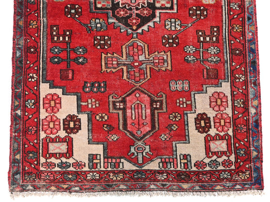 3x6 Handmade Turkish Vintage Tribal Rug | Red And Ivory Medallion With Geometric Corners | Boho Rug, Anatolian Rug | SHR603 | From 1970