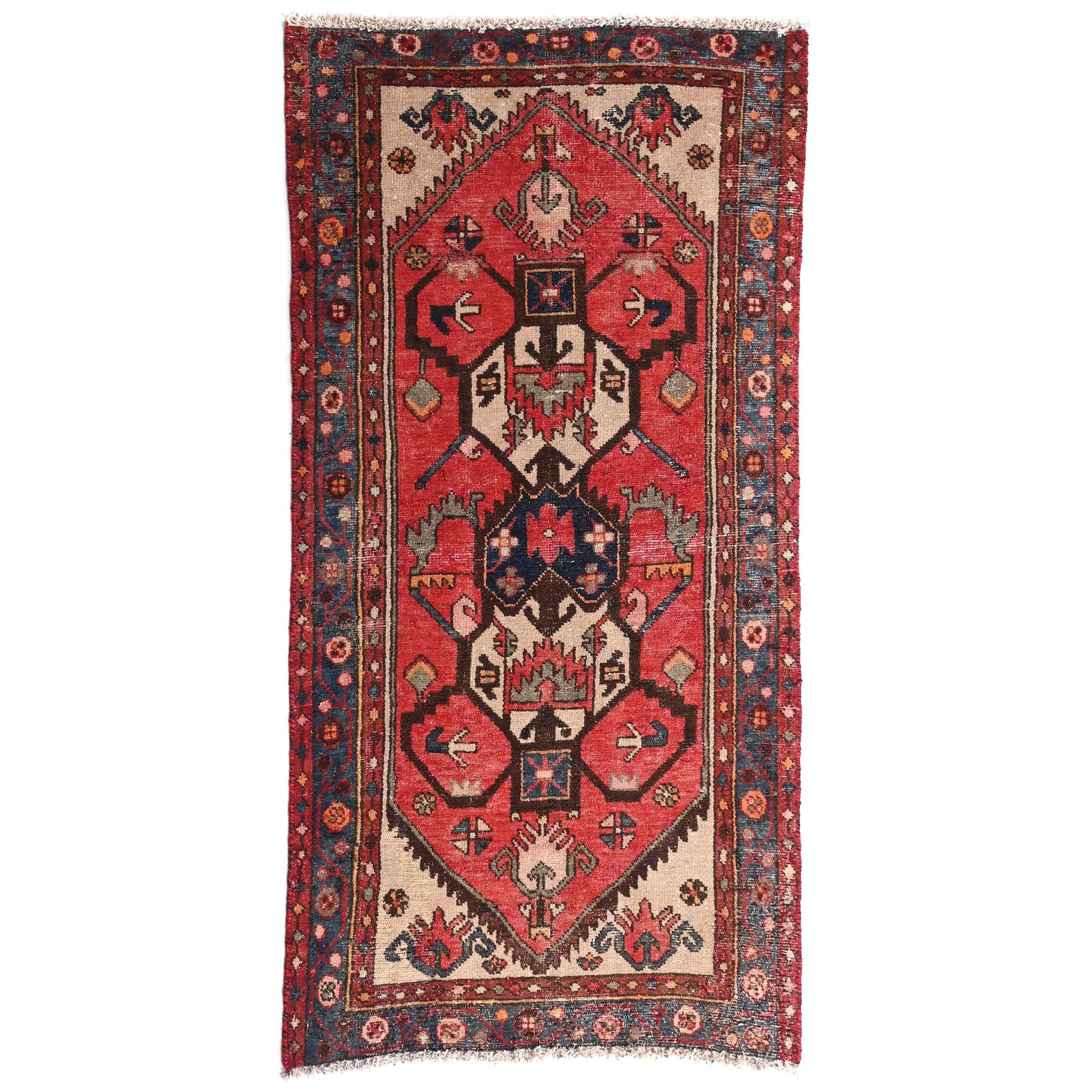 3x6 Handmade Turkish Vintage Tribal Rug | Animal Motifs And Geometric Centrepiece In Ivory | Boho Rug, Anatolian Rug | SHR607 | From 1970