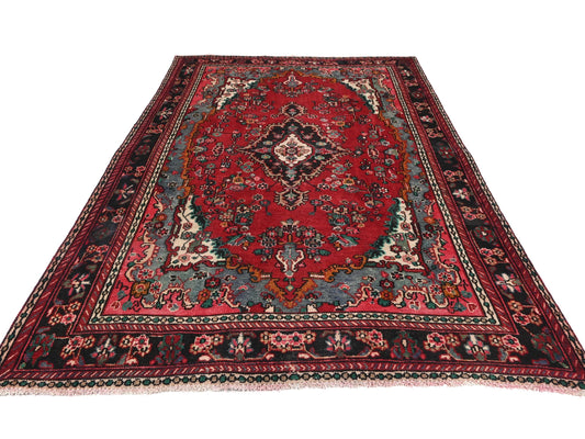 7x10 Handmade Turkish Vintage Tribal Rug | Crimson Medallion with Blue Spandrels | Boho Rug, Antique Anatolian Rug | SHR728 | From 1980 |