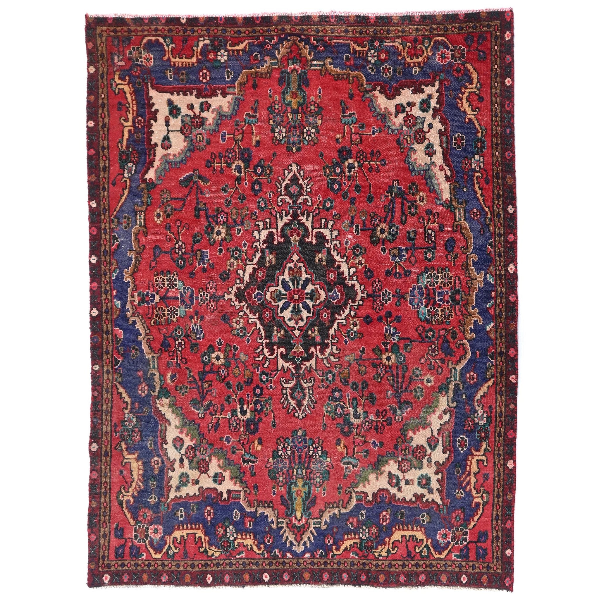 5x8 Handmade Turkish Vintage Tribal Rug | Deep Red Field with Navy & Ivory Borders | Boho Rug, Antique Anatolian Rug | SHR-726 | From 1980