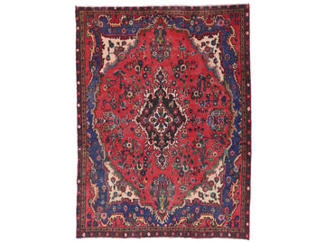 5x8 Handmade Turkish Vintage Tribal Rug | Deep Red Field with Navy & Ivory Borders | Boho Rug, Antique Anatolian Rug | SHR-726 | From 1980