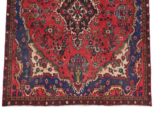 5x8 Handmade Turkish Vintage Tribal Rug | Deep Red Field with Navy & Ivory Borders | Boho Rug, Antique Anatolian Rug | SHR-726 | From 1980