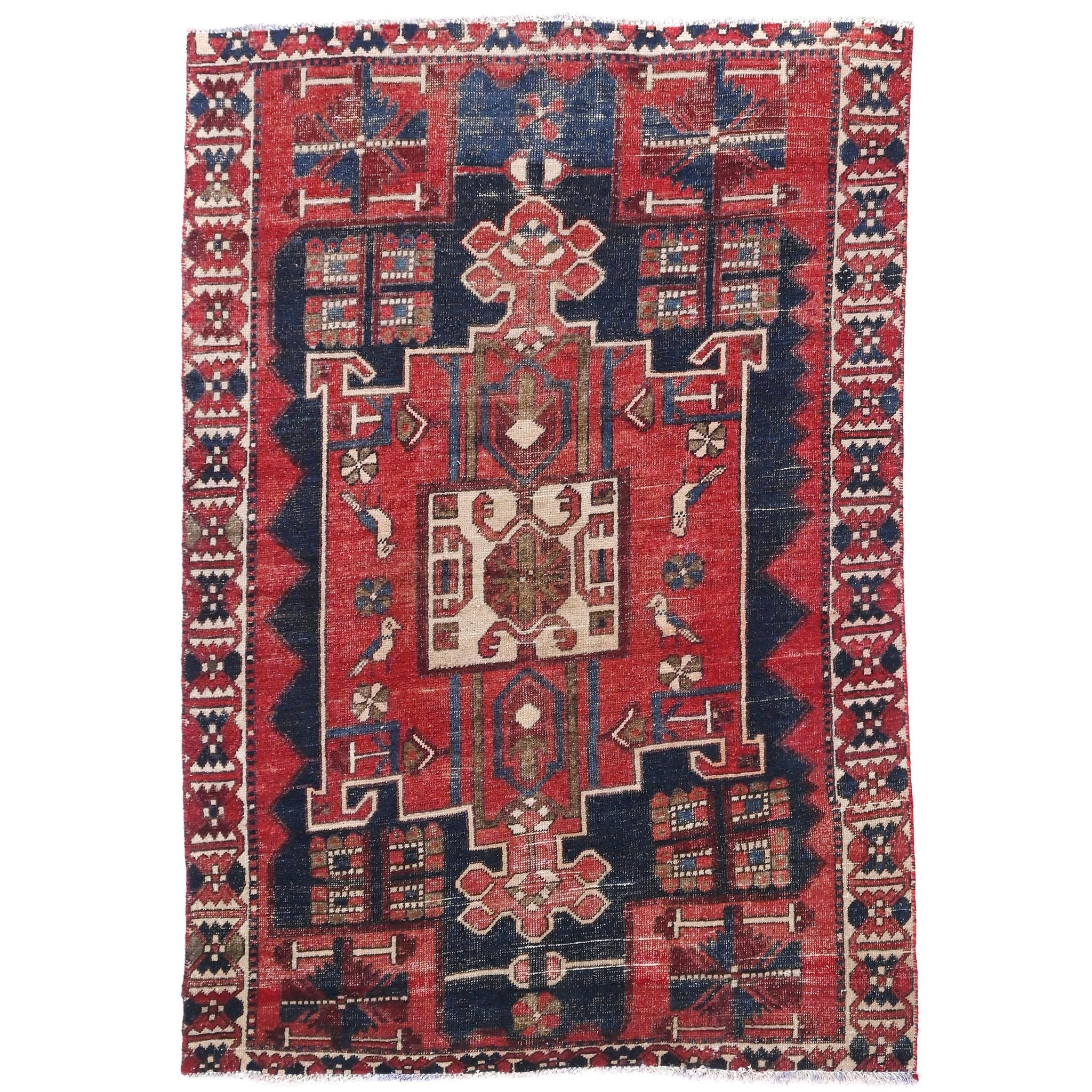 5x6 Handmade Turkish Vintage Tribal Rug | Deep Red Field with Navy & Cream Borders | Boho Rug, Antique Anatolian Rug | SHR-722 | From 1980