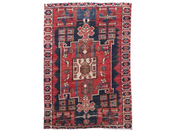 5x6 Handmade Turkish Vintage Tribal Rug | Deep Red Field with Navy & Cream Borders | Boho Rug, Antique Anatolian Rug | SHR-722 | From 1980