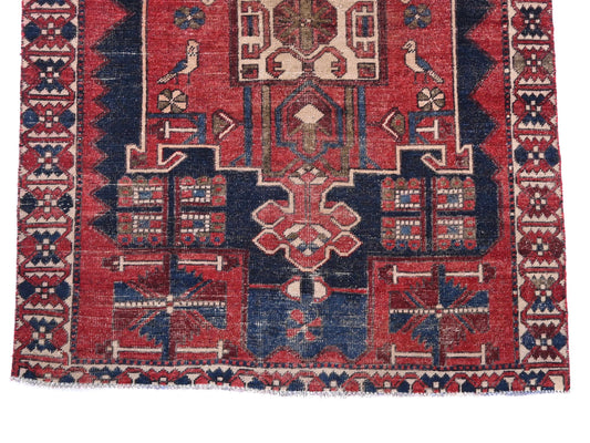5x6 Handmade Turkish Vintage Tribal Rug | Deep Red Field with Navy & Cream Borders | Boho Rug, Antique Anatolian Rug | SHR-722 | From 1980