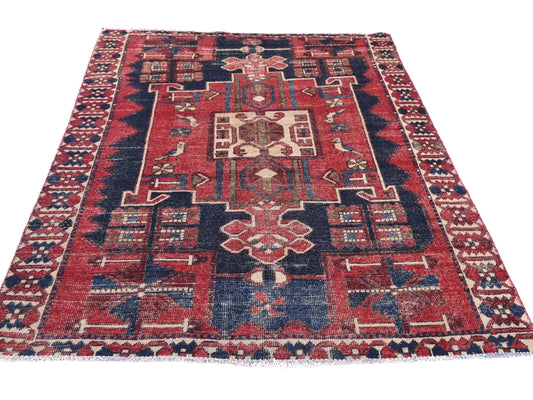 5x6 Handmade Turkish Vintage Tribal Rug | Deep Red Field with Navy & Cream Borders | Boho Rug, Antique Anatolian Rug | SHR-722 | From 1980