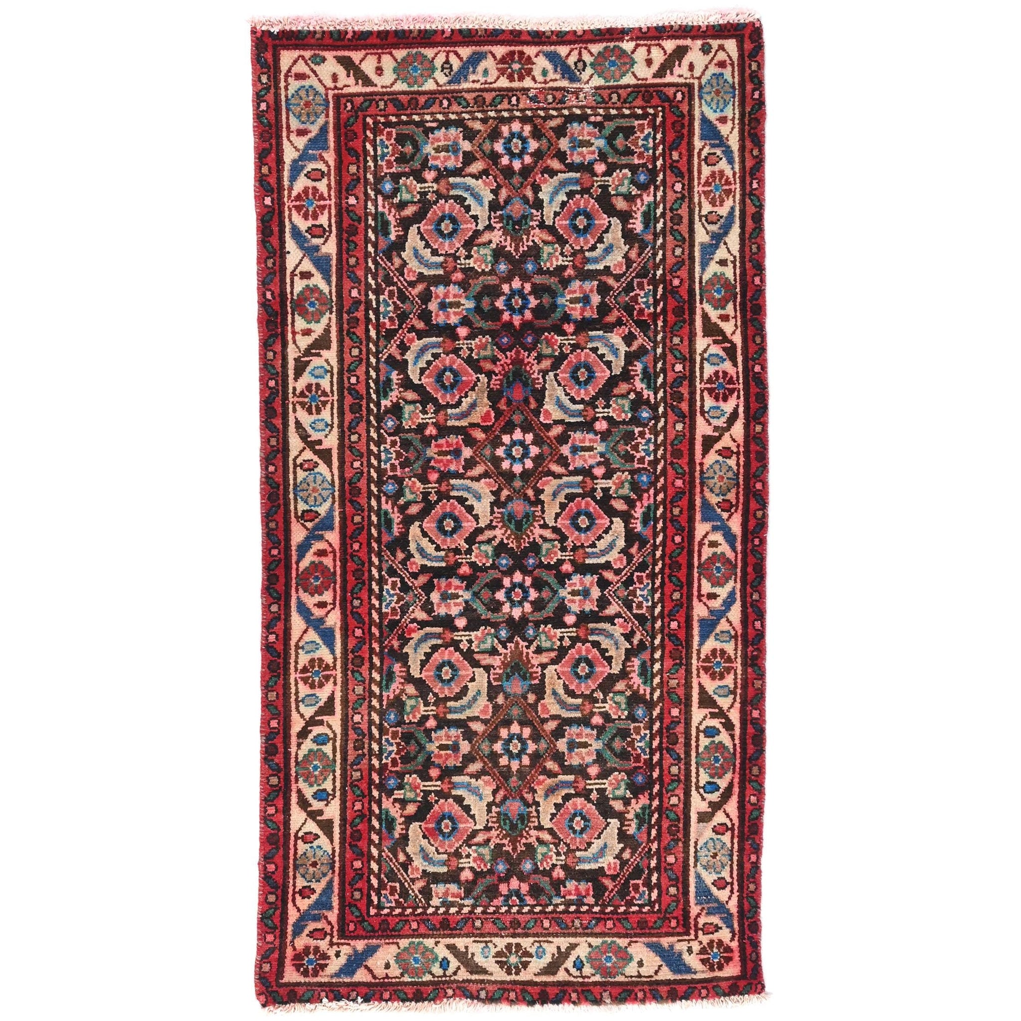 2.5x5 Handmade Turkish Vintage Tribal Rug | Floral Black Field & Sky Blue Accents | Boho Rug, Antique Anatolian Rug | SHR-711 | From 1980 |