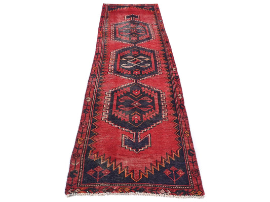 3x8 Handmade Turkish Vintage Tribal Rug | Geometric Medallions on Red Field | Boho Rug, Antique Anatolian Rug | SHR704 | From 1980 |