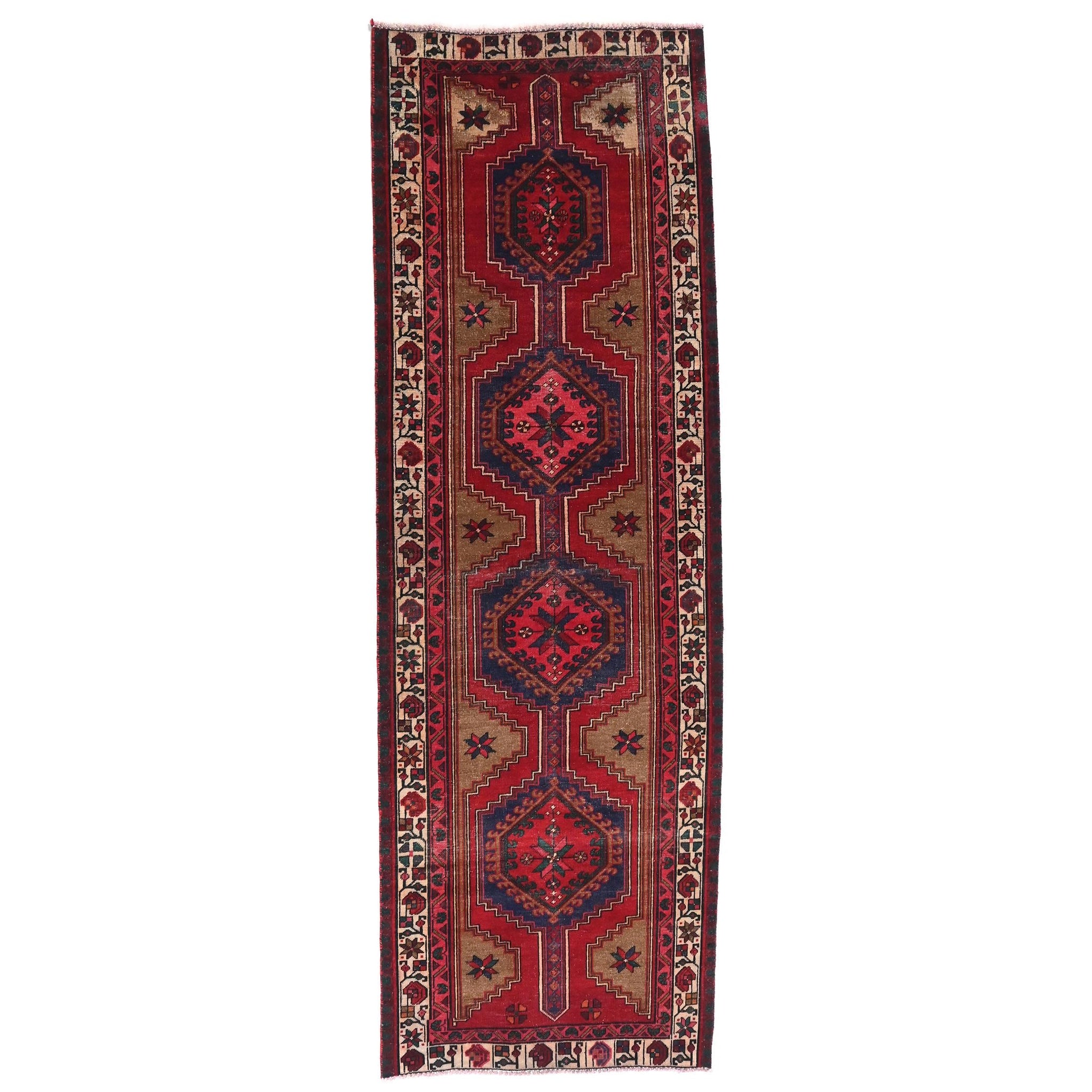 4x9 Handmade Turkish Vintage Tribal Rug | Cinnamon Field with Indigo Medallions | Boho Rug, Antique Anatolian Rug | SHR-700 | From 1980 |