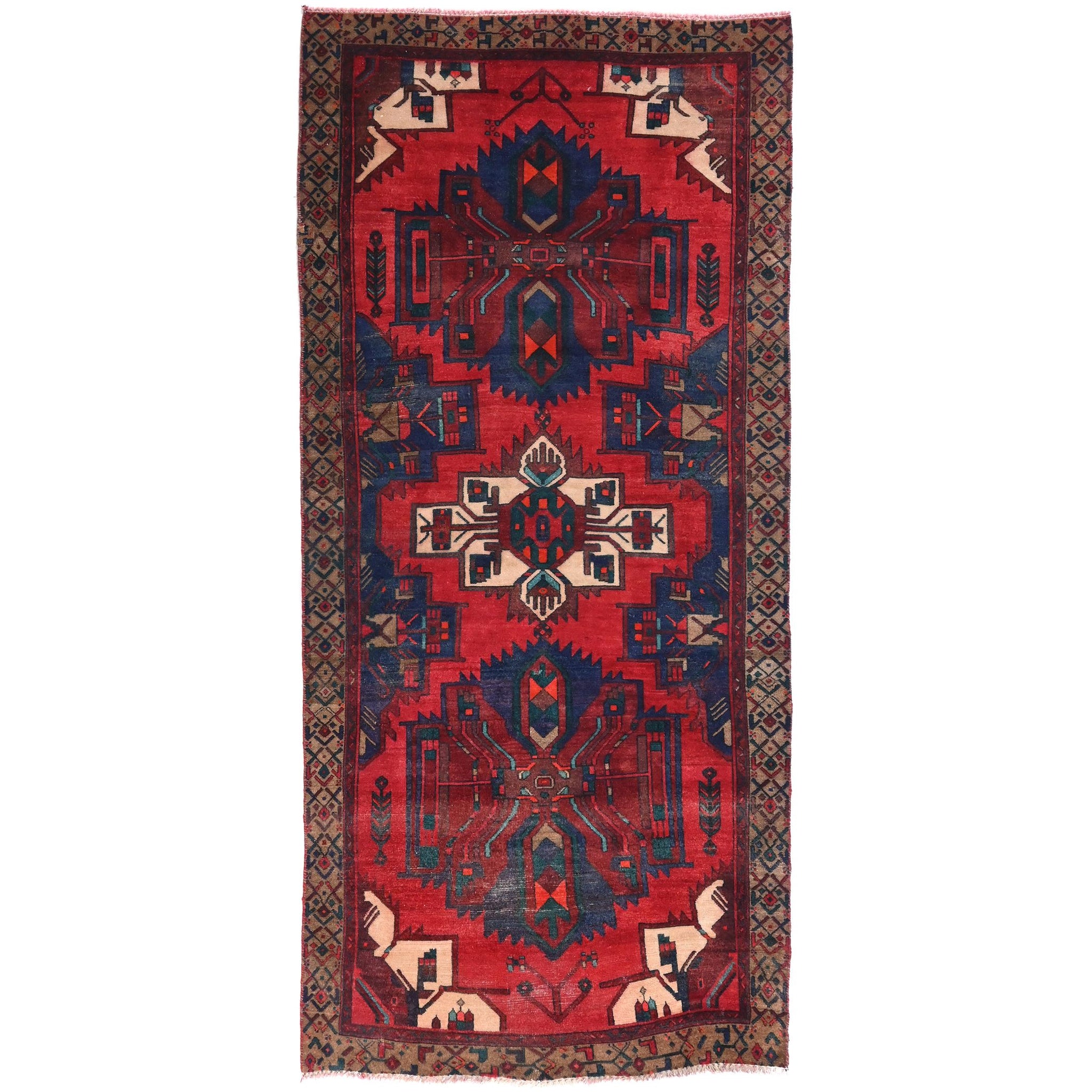 4x9 Handmade Turkish Vintage Tribal Rug | Rich Red Field with Diamond Medallions | Boho Rug, Antique Anatolian Rug | SHR-699 | From 1980 |