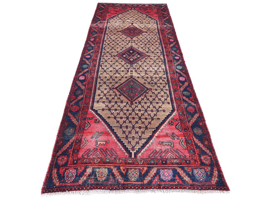 3x9 Handmade Turkish Vintage Tribal Rug | Sand Field with Deep Red Corner Panels | Boho Rug, Antique Anatolian Rug | SHR-692 | From 1980 |