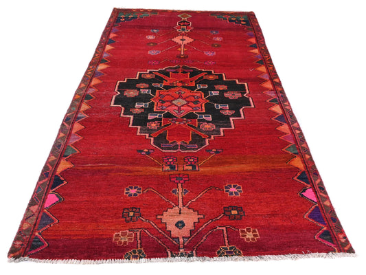 4x8 Handmade Turkish Vintage Tribal Rug | Vibrant Red Field with Black Medallion | Boho Rug, Antique Anatolian Rug | SHR-687 | From 1980 |