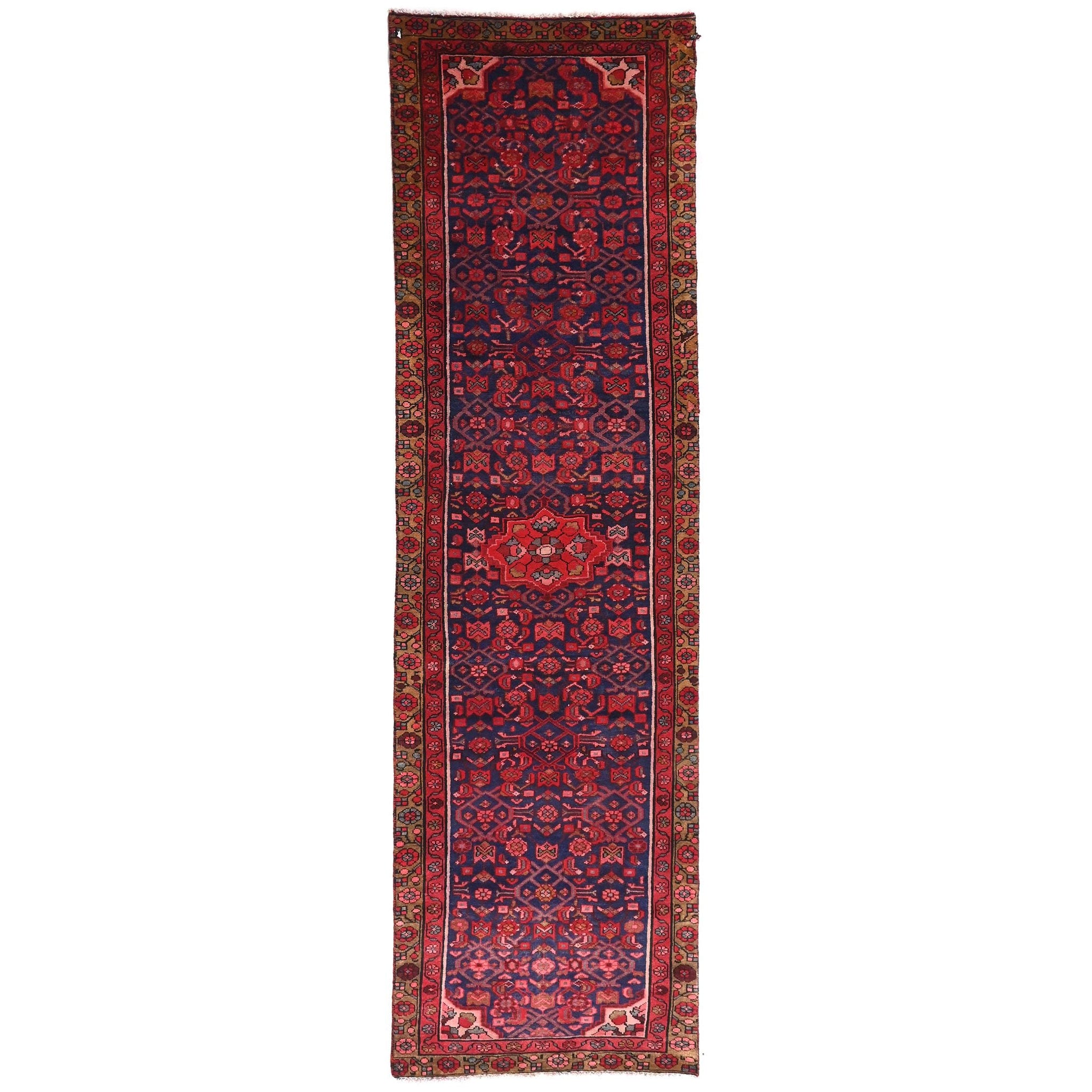 3x10 Handmade Turkish Vintage Tribal Rug | Navy Blue Field & Red Floral Medallions | Boho Rug, Antique Anatolian Rug | SHR-683 | From 1980 |