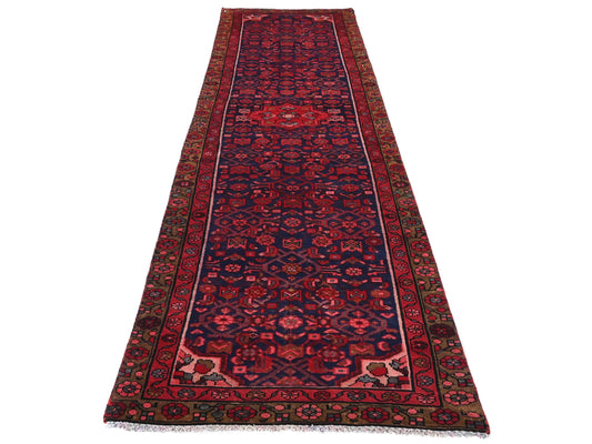 3x10 Handmade Turkish Vintage Tribal Rug | Navy Blue Field & Red Floral Medallions | Boho Rug, Antique Anatolian Rug | SHR-683 | From 1980 |