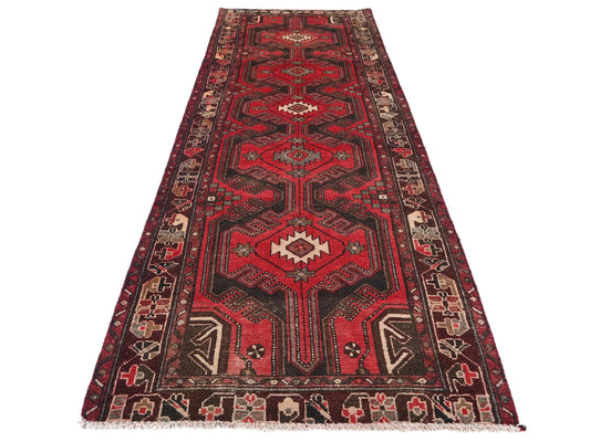 3x9 Handmade Turkish Vintage Tribal Rug | Crimson Field with Dark Brown Medallion | Boho Rug, Antique Anatolian Rug  | SHR-681 | From 1980 |
