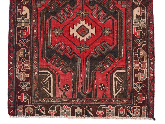 3x9 Handmade Turkish Vintage Tribal Rug | Crimson Field with Dark Brown Medallion | Boho Rug, Antique Anatolian Rug  | SHR-681 | From 1980 |