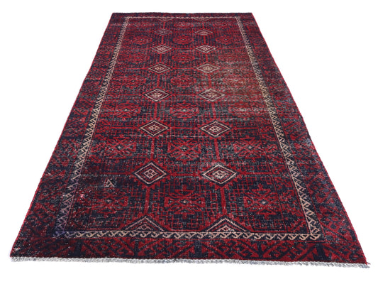 4x9 Handmade Turkish Vintage Tribal Rug | Navy Base with Repeated Floral Medallions | Boho Rug, Antique Anatolian Rug | SHR-680 | From 1980