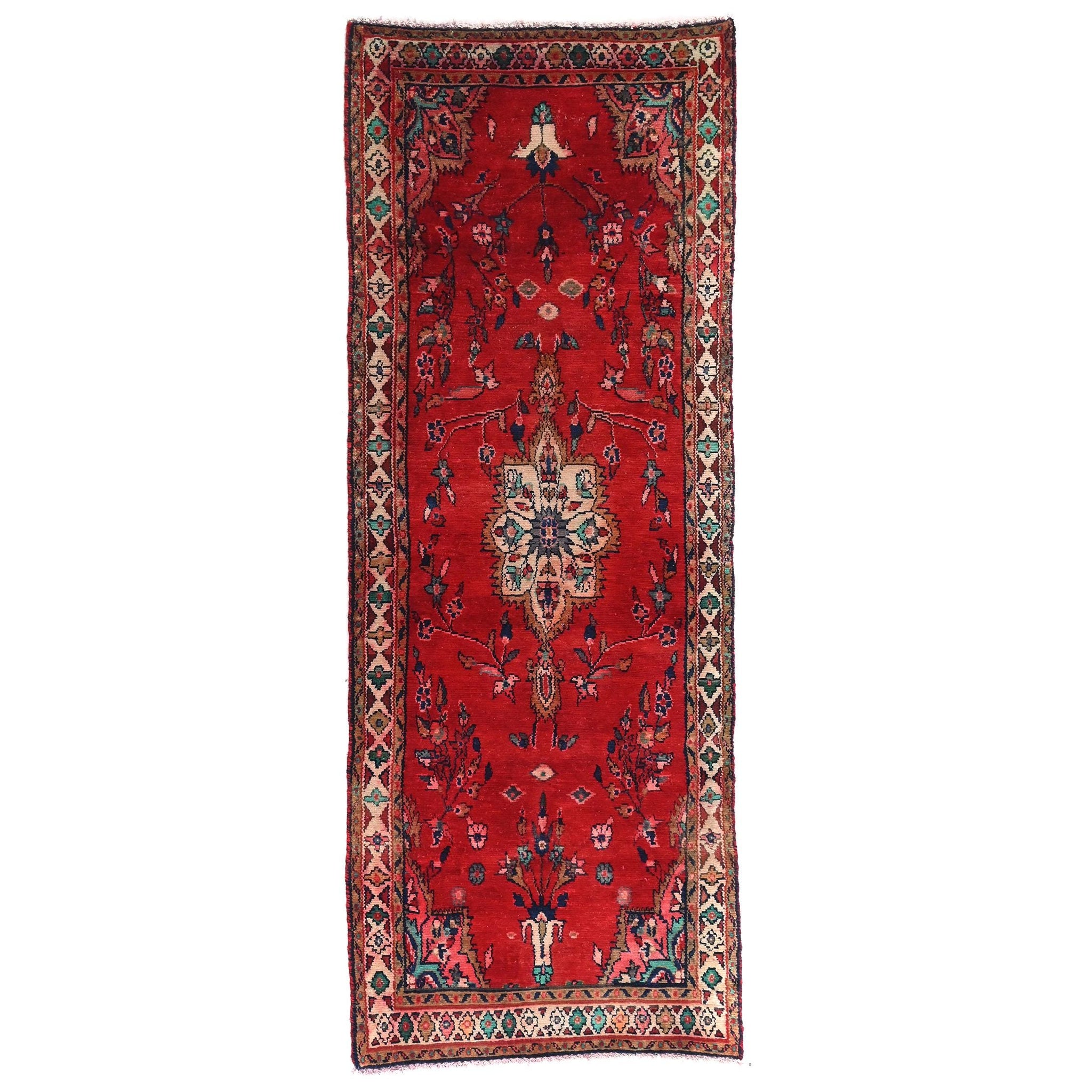 3x8 Handmade Turkish Vintage Tribal Rug | Bold Red Field with Floral Medallion | Boho Rug, Antique Anatolian Rug | SHR-678 | From 1980