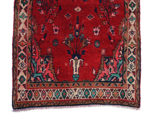 3x8 Handmade Turkish Vintage Tribal Rug | Bold Red Field with Floral Medallion | Boho Rug, Antique Anatolian Rug | SHR-678 | From 1980