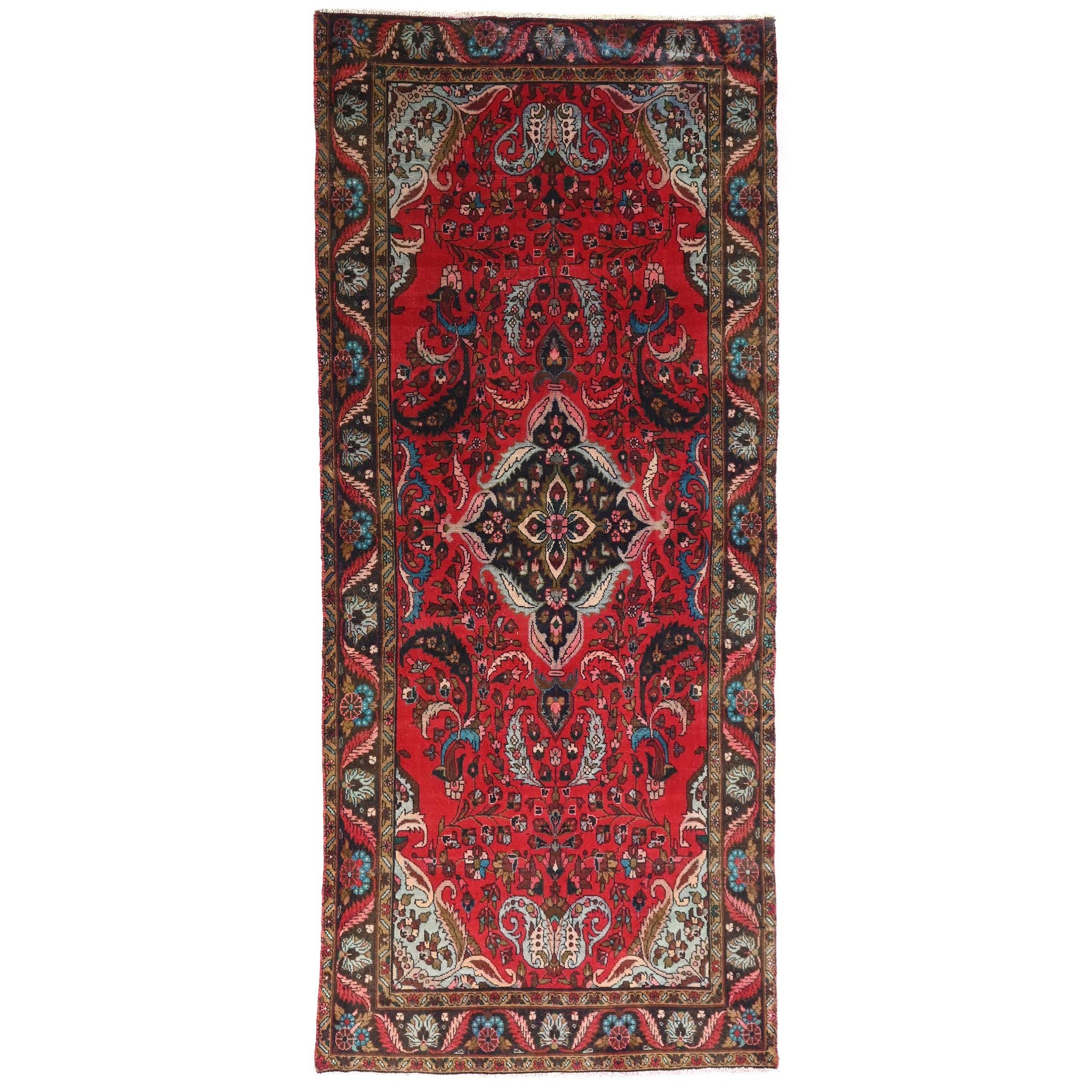 4x9 Handmade Turkish Vintage Tribal Rug | Vibrant Red Field with Ivory Spandrels | Boho Rug, Antique Anatolian Rug | SHR-676 | From 1980 |
