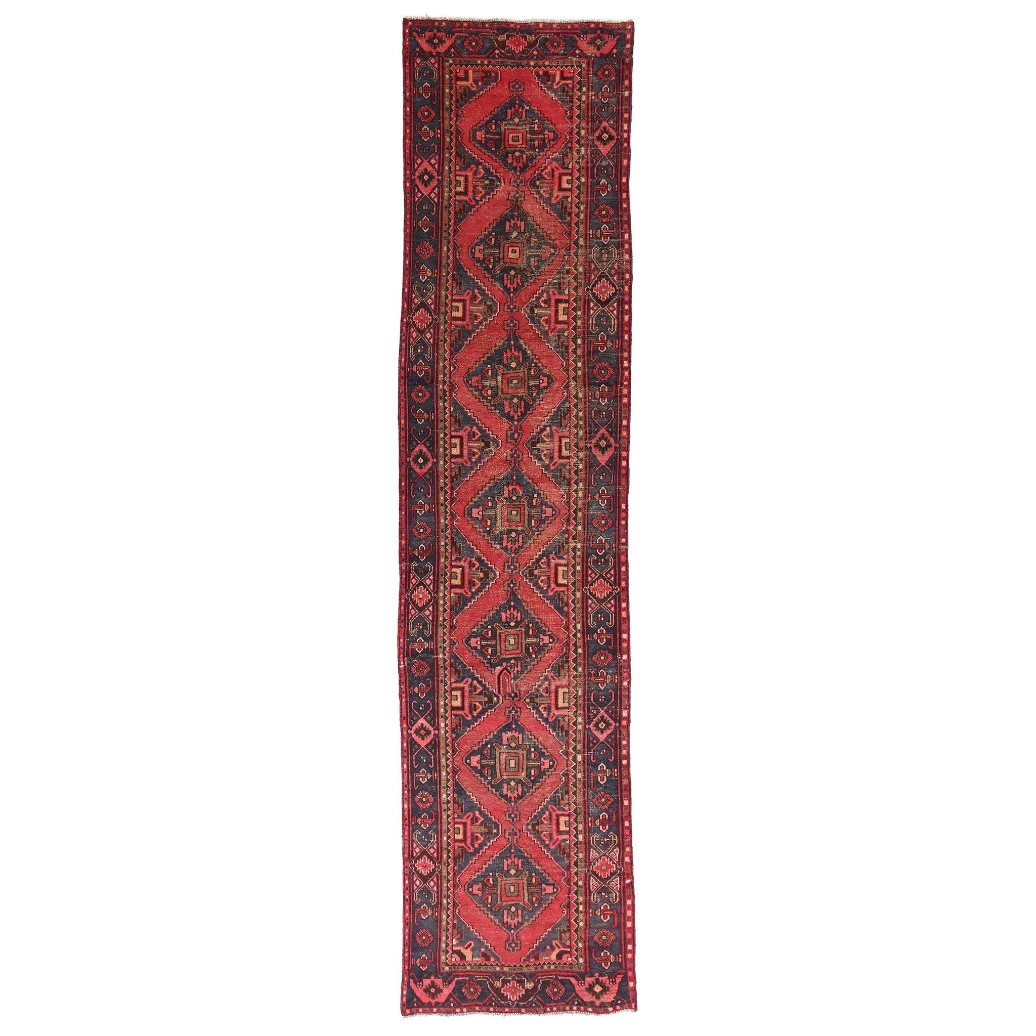 3x12 Handmade Turkish Vintage Tribal Rug | Bold Red & Navy Diamond Chain | Boho Rug, Antique Anatolian Rug | SHR-675 | From 1980 |