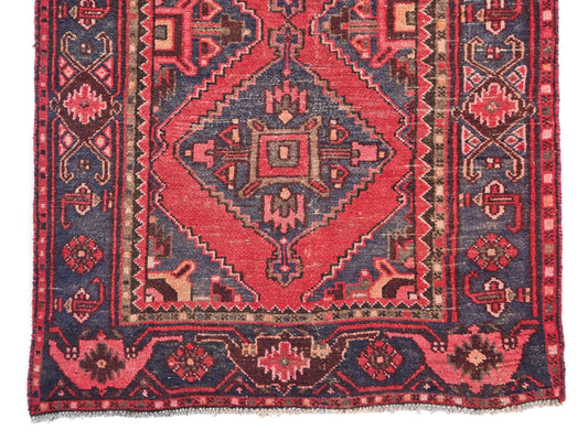 3x12 Handmade Turkish Vintage Tribal Rug | Bold Red & Navy Diamond Chain | Boho Rug, Antique Anatolian Rug | SHR-675 | From 1980 |