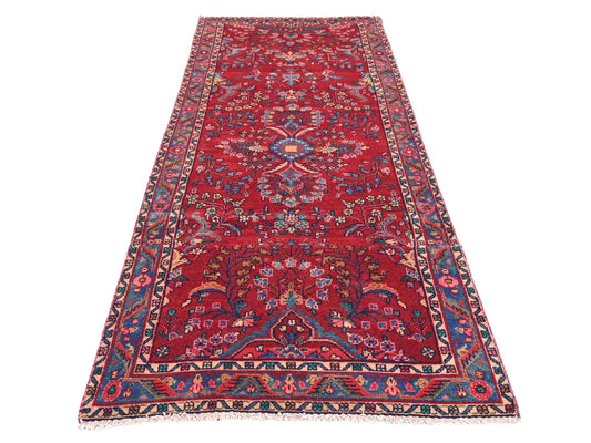 3x9 Handmade Turkish Vintage Tribal Rug | Floral Field with Ivory & Blue Borders | Boho Rug, Antique Anatolian Rug | SHR-674 | From 1980 |