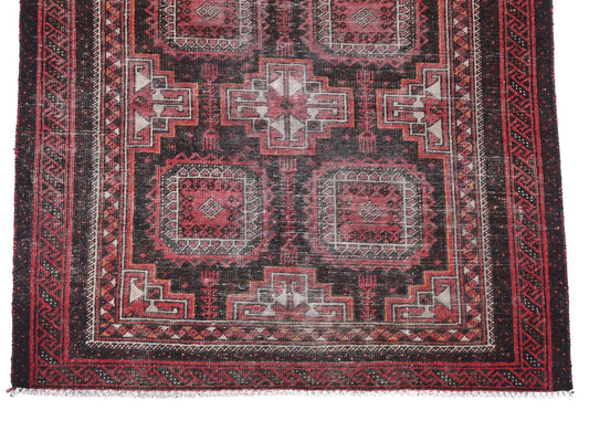 4x7 Handmade Turkish Vintage Tribal Rug | Deep Red Field & Ivory Geometric Squares | Boho Rug, Antique Anatolian Rug | SHR-673 | From 1980 |