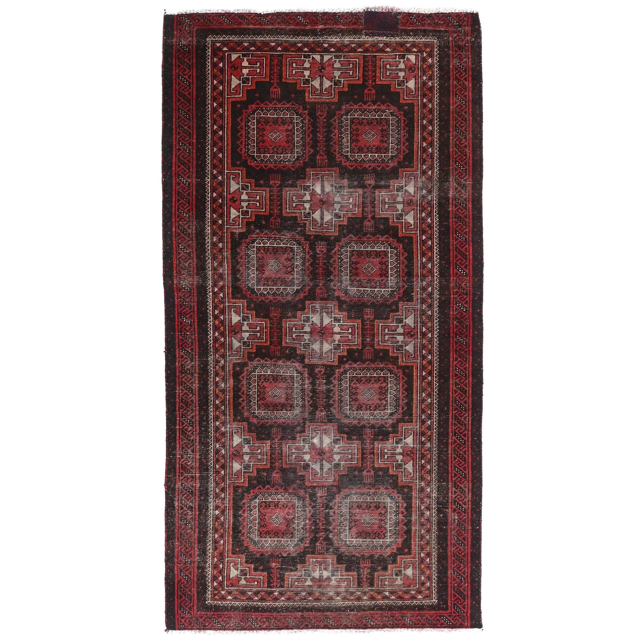 4x7 Handmade Turkish Vintage Tribal Rug | Deep Red Field & Ivory Geometric Squares | Boho Rug, Antique Anatolian Rug | SHR-673 | From 1980 |