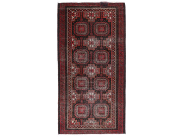 4x7 Handmade Turkish Vintage Tribal Rug | Deep Red Field & Ivory Geometric Squares | Boho Rug, Antique Anatolian Rug | SHR-673 | From 1980 |
