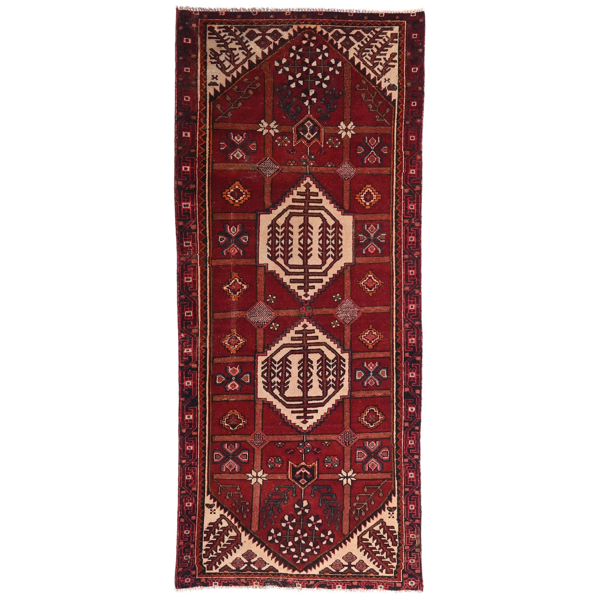 4x9 Handmade Turkish Vintage Tribal Rug | Geometric Diamond Stack In Rust & Cream | Boho Rug, Anatolian Rug | SHR623 | From 1970