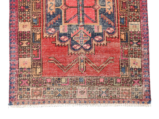 3x14 Handmade Turkish Vintage Tribal Rug | Repeating Geometric Medallions On Sunset Red Base | Boho Rug, Anatolian Rug | SHR638 | From 1970