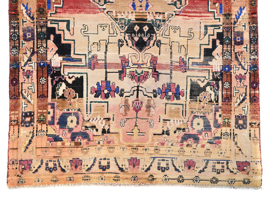 4x7 Handmade Turkish Vintage Tribal Rug | Coral Field With Cream Geometric Floral Medallion | Boho Rug, Anatolian Rug | SHR648 | From 1970