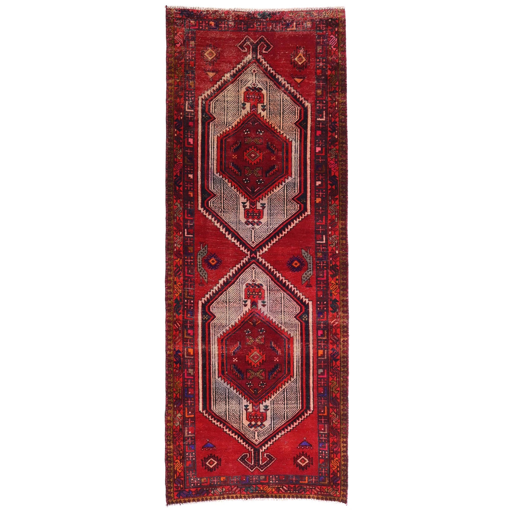 4x10 Handmade Turkish Vintage Tribal Rug | Bold Hexagonal Medallions On Rich Crimson Backdrop | Boho Rug, Anatolian Rug | SHR651 | From 1970