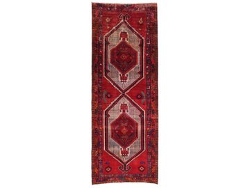 4x10 Handmade Turkish Vintage Tribal Rug | Bold Hexagonal Medallions On Rich Crimson Backdrop | Boho Rug, Anatolian Rug | SHR651 | From 1970