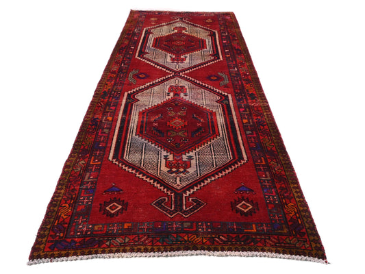 4x10 Handmade Turkish Vintage Tribal Rug | Bold Hexagonal Medallions On Rich Crimson Backdrop | Boho Rug, Anatolian Rug | SHR651 | From 1970
