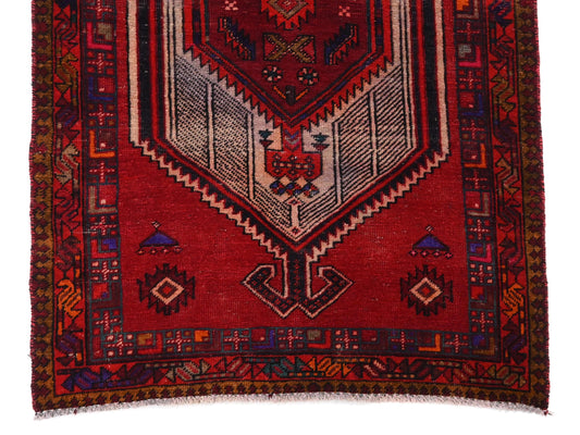 4x10 Handmade Turkish Vintage Tribal Rug | Bold Hexagonal Medallions On Rich Crimson Backdrop | Boho Rug, Anatolian Rug | SHR651 | From 1970