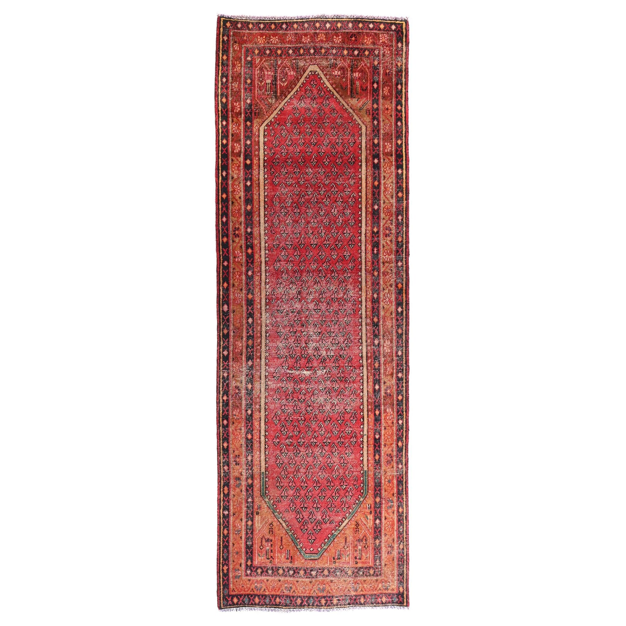 3x9 Handmade Turkish Vintage Tribal Rug | Prayer Niche Motif In Orange/Maroon | Boho Rug, Anatolian Rug | SHR654 | From 1970