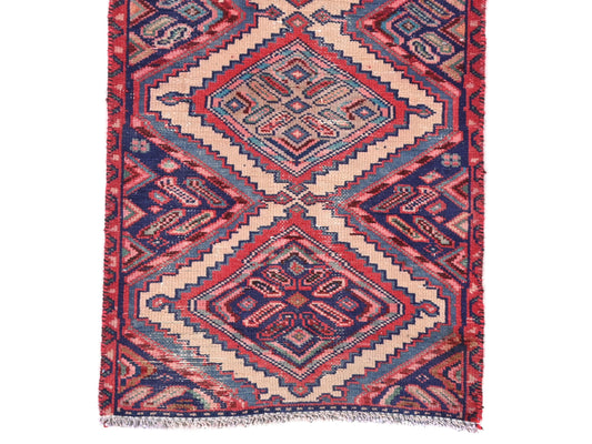 2x8 Handmade Turkish Vintage Tribal Rug | Zig-Zag Ivory Diamonds With Vintage Mauve & Blue | Boho Rug, Anatolian Rug | SHR655 | From 1970