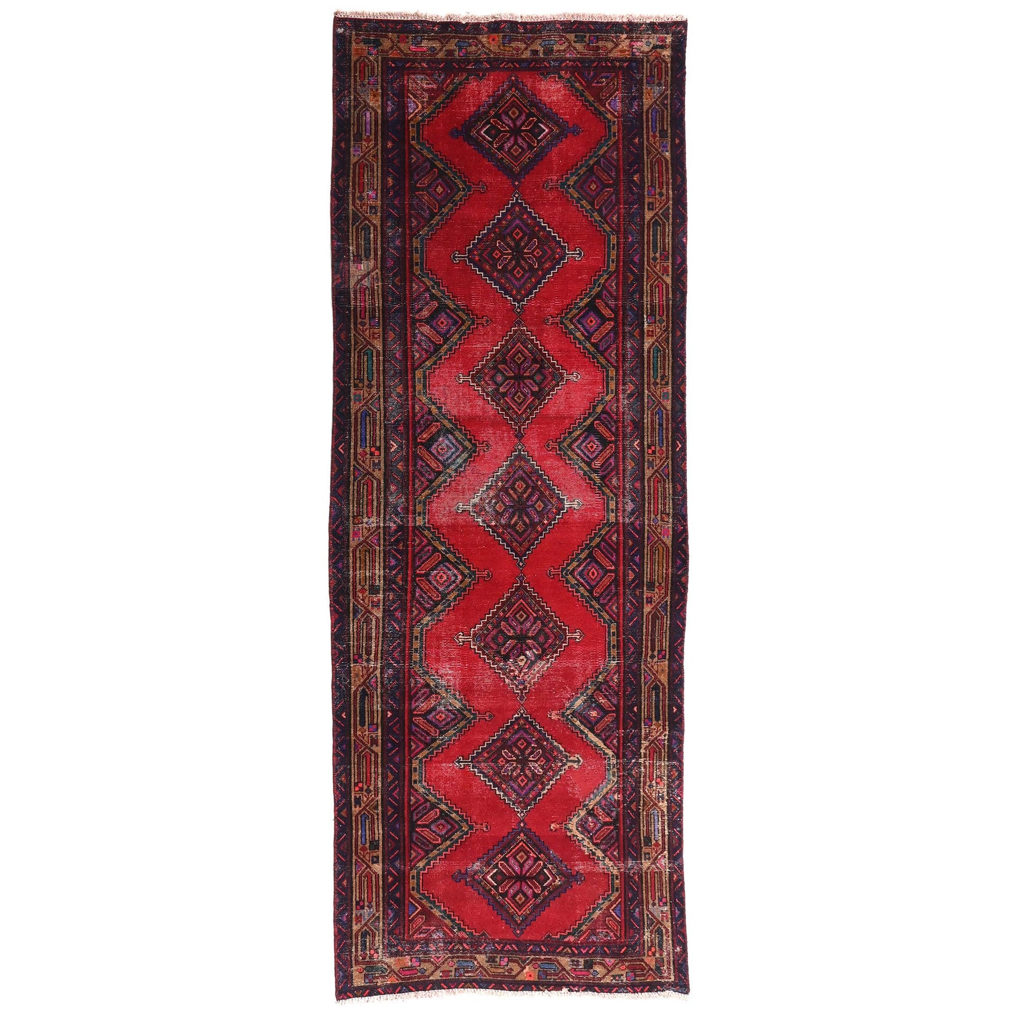 4x9 Handmade Turkish Vintage Tribal Rug | Zig-Zag Diamond Ladder On A Crimson Field | Boho Rug, Anatolian Rug | SHR662 | From 1970
