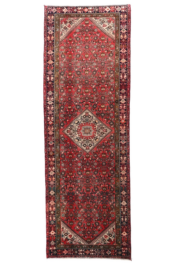 4X11 Handmade Vintage Turkish Area Rug – Geometric Red