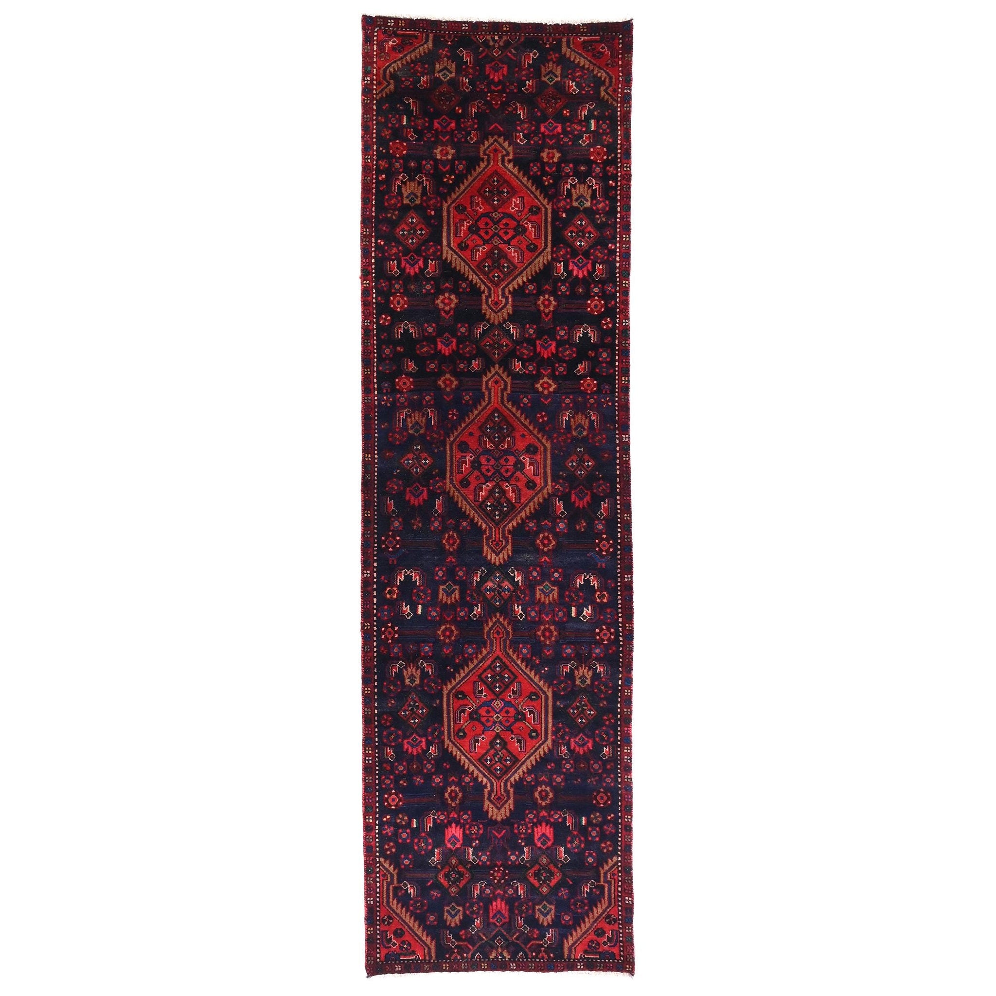 3x10 Handmade Turkish Vintage Tribal Rug | Navy Field With Three Red Medallions | Boho Rug, Anatolian Rug | SHR668 | From 1970