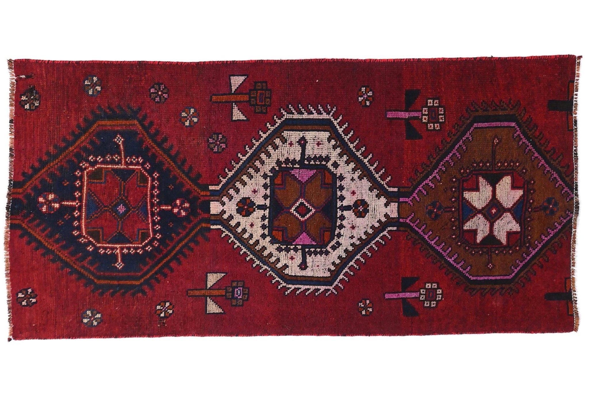 3x6 Handmade Turkish Vintage Tribal Rug | Stacked Hexagonal Medallions on Red Field | Boho Rug, Antique Anatolian Rug | SHR-724 | From 1970