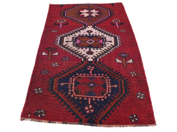 3x6 Handmade Turkish Vintage Tribal Rug | Stacked Hexagonal Medallions on Red Field | Boho Rug, Antique Anatolian Rug | SHR-724 | From 1970