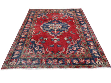 5x10 Handmade Turkish Vintage Tribal Rug | Deep Red Field with Floral Blue Medallion | Boho Rug, Antique Anatolian Rug | SHR-725 | From 1980