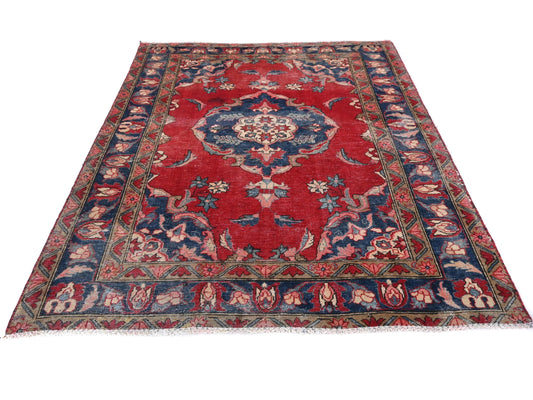 5x6 Handmade Turkish Vintage Tribal Rug | Deep Red Field with Floral Blue Medallion | Boho Rug, Antique Anatolian Rug | SHR-725 | From 1980