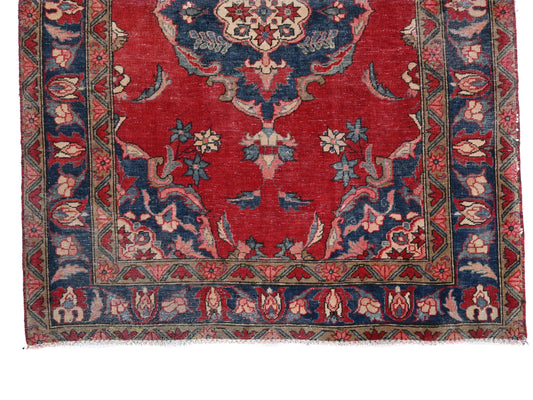 5x6 Handmade Turkish Vintage Tribal Rug | Deep Red Field with Floral Blue Medallion | Boho Rug, Antique Anatolian Rug | SHR-725 | From 1980