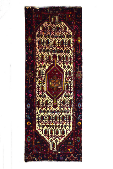 Vintage Hand Knotted Turkish Wool Rug – Burgundy Geometric Runner