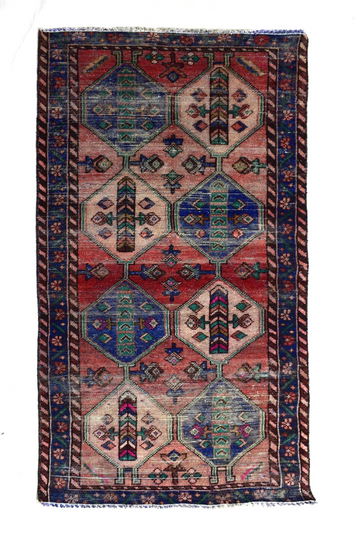 Vintage Hand Knotted Turkish Wool Rug – Geometric Multicolour Runner
